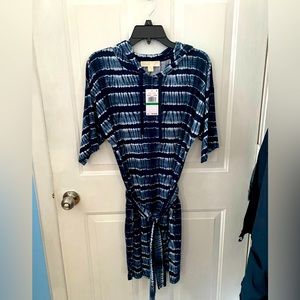 NWT MICHAEL Michael Kors Shibori Stripe Print Knit Jersey Hooded Tie Waist Dress